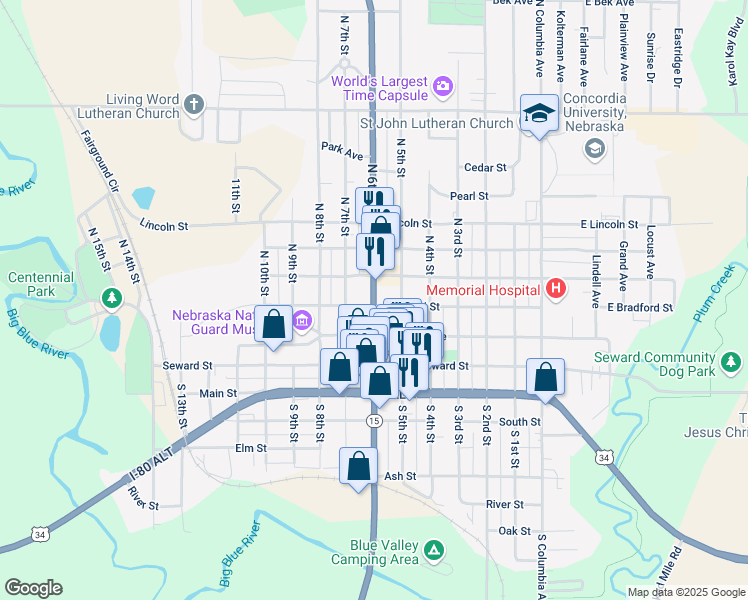map of restaurants, bars, coffee shops, grocery stores, and more near 316 North 6th Street in Seward