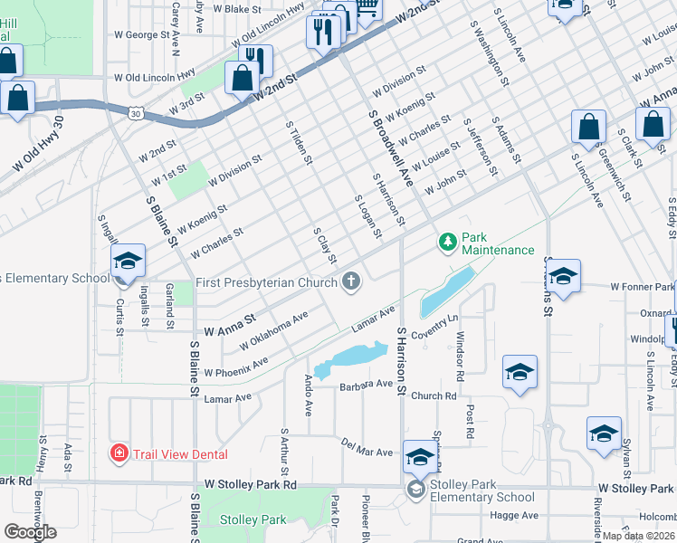 map of restaurants, bars, coffee shops, grocery stores, and more near 2100 West Anna Street in Grand Island