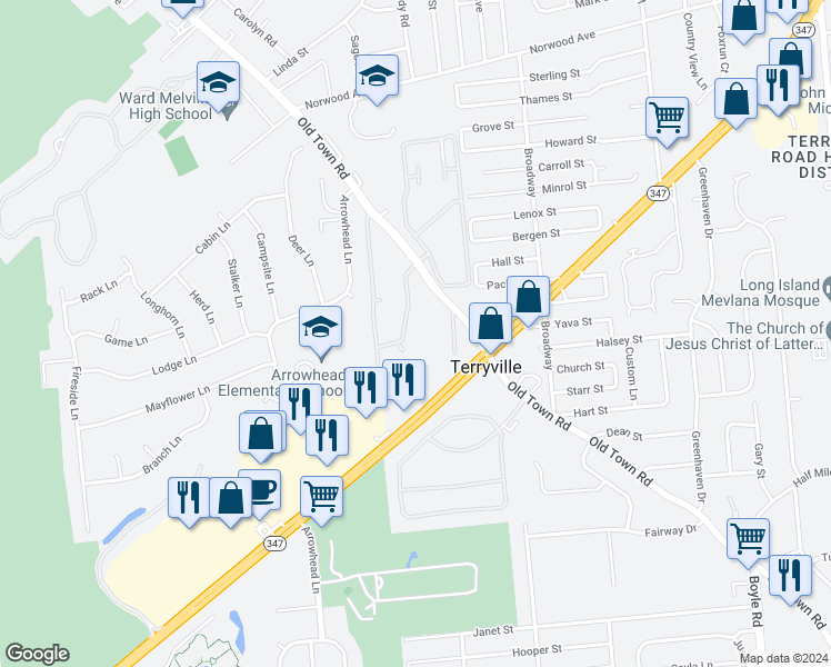 map of restaurants, bars, coffee shops, grocery stores, and more near 460 Old Town Road in Port Jefferson Station