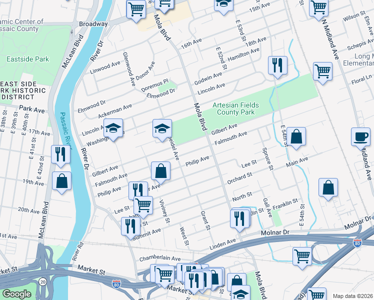 map of restaurants, bars, coffee shops, grocery stores, and more near 176 Falmouth Avenue in Elmwood Park