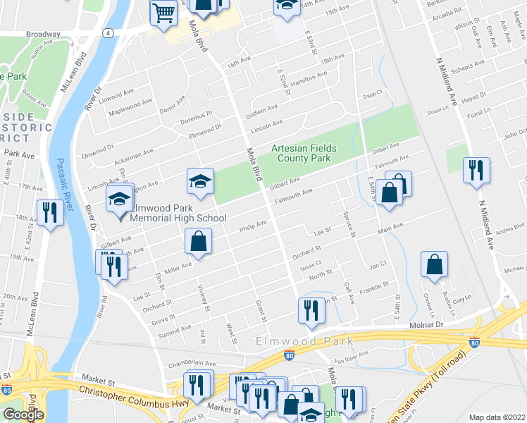 map of restaurants, bars, coffee shops, grocery stores, and more near 205 East Phillip Avenue in Elmwood Park