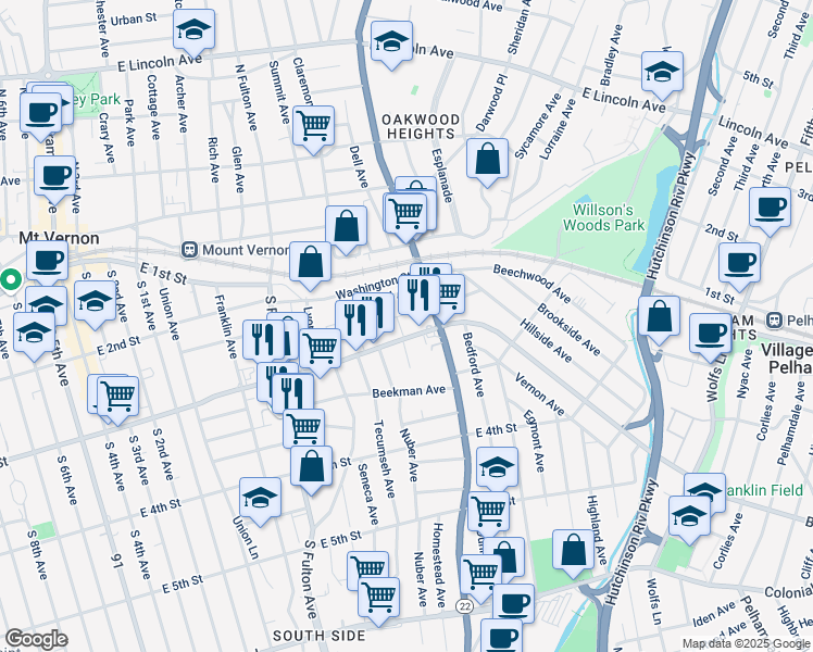 map of restaurants, bars, coffee shops, grocery stores, and more near 303 East 3rd Street in Mount Vernon