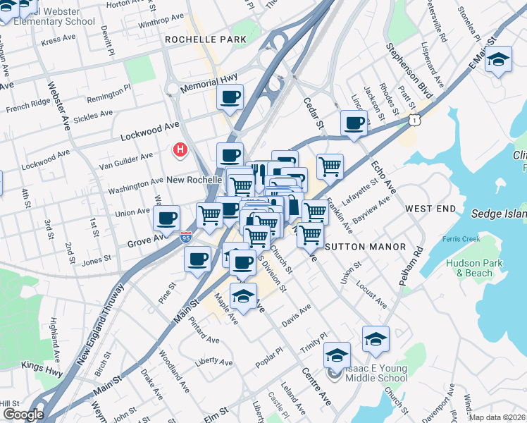 map of restaurants, bars, coffee shops, grocery stores, and more near Lawton Street in New Rochelle