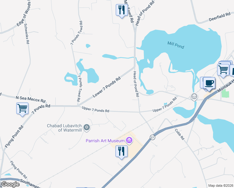 map of restaurants, bars, coffee shops, grocery stores, and more near 204 Head of Pond Road in Water Mill