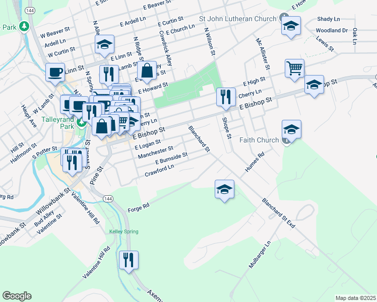 map of restaurants, bars, coffee shops, grocery stores, and more near 112-116 Crawford St in Bellefonte