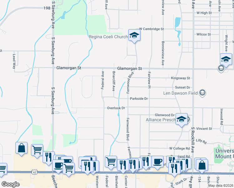 map of restaurants, bars, coffee shops, grocery stores, and more near 1348 Parkside Drive in Alliance
