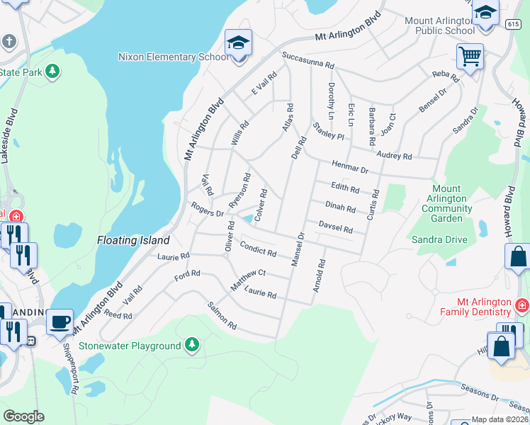 map of restaurants, bars, coffee shops, grocery stores, and more near 34 Rogers Drive in Roxbury Township