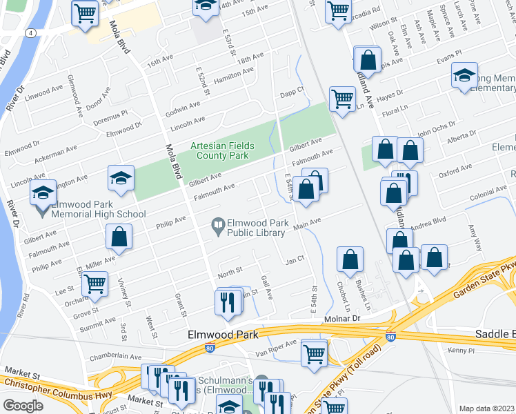 map of restaurants, bars, coffee shops, grocery stores, and more near 14 Spruce Street in Elmwood Park