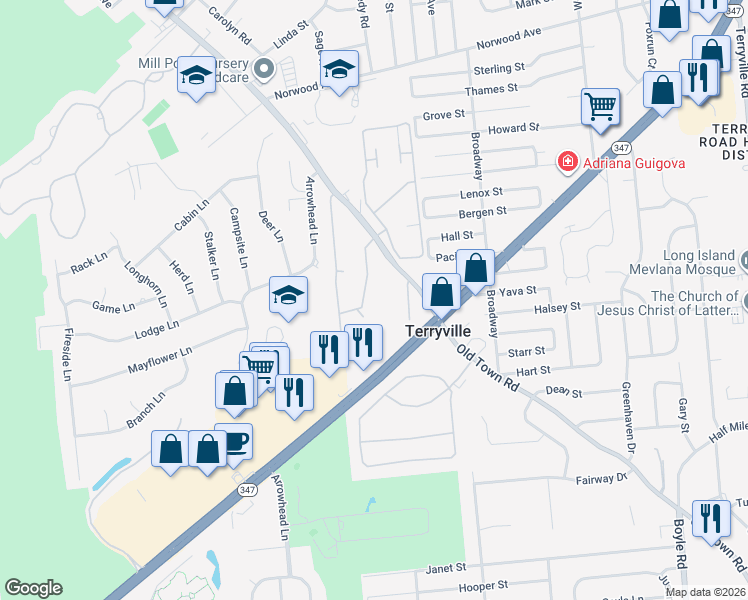 map of restaurants, bars, coffee shops, grocery stores, and more near 460 Old Town Road in Port Jefferson Station