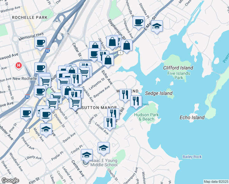 map of restaurants, bars, coffee shops, grocery stores, and more near 27 Soundview Street in New Rochelle