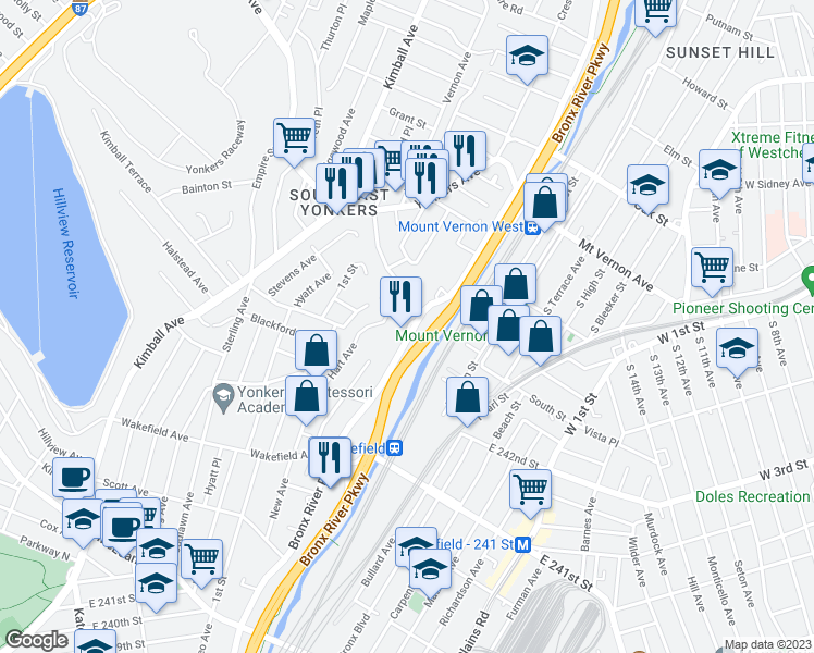 map of restaurants, bars, coffee shops, grocery stores, and more near 245 Bronx River Road in Yonkers