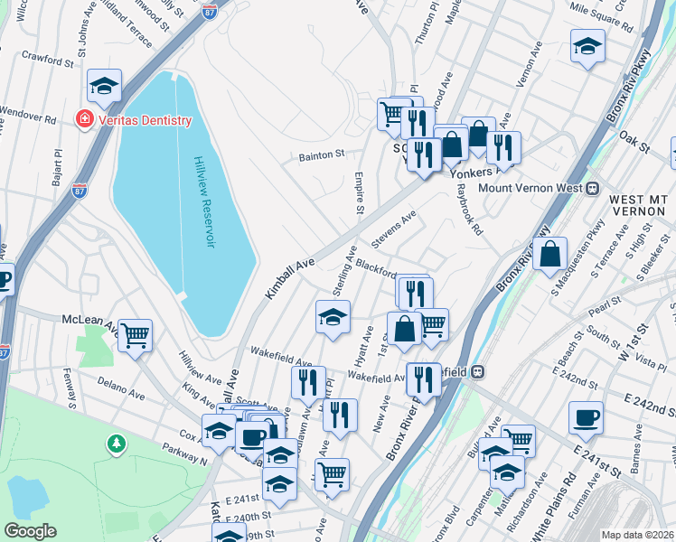 map of restaurants, bars, coffee shops, grocery stores, and more near 200 Sterling Avenue in Yonkers