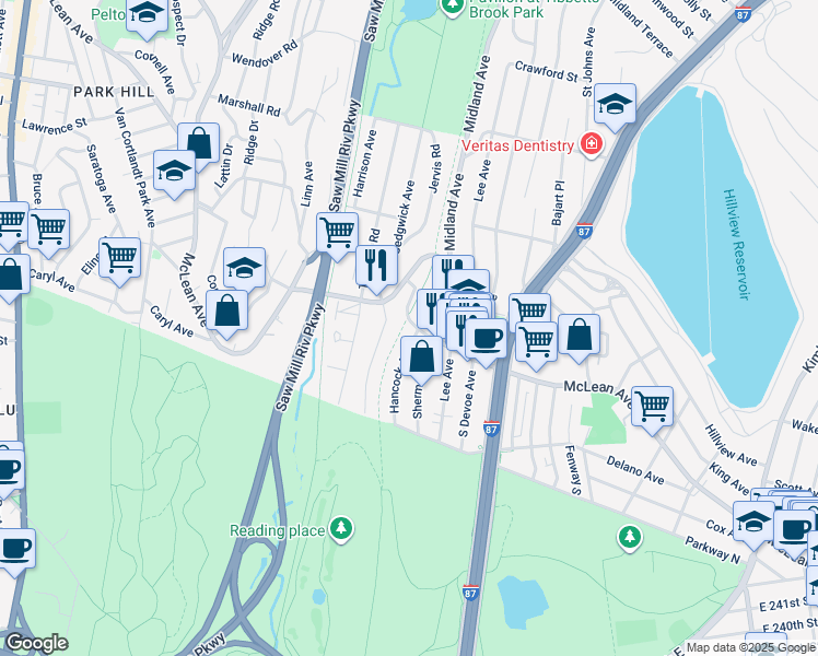 map of restaurants, bars, coffee shops, grocery stores, and more near 72 Hancock Avenue in Yonkers