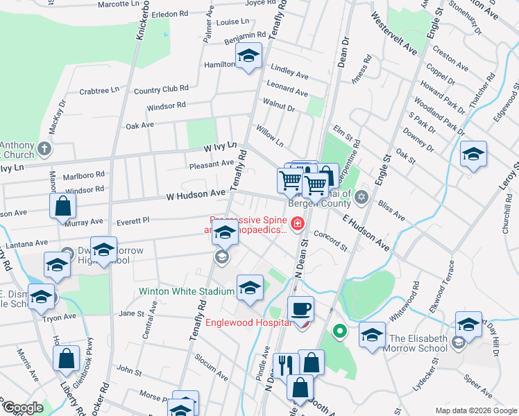 map of restaurants, bars, coffee shops, grocery stores, and more near 433 Stockton Place in Englewood