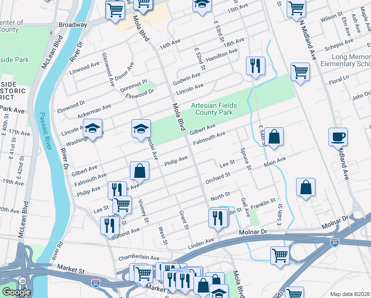 map of restaurants, bars, coffee shops, grocery stores, and more near 205 East Phillip Avenue in Elmwood Park