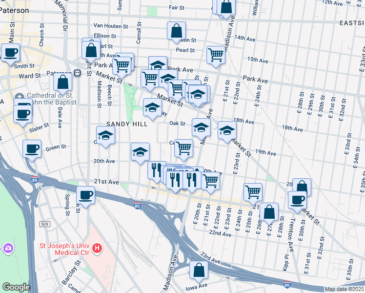 map of restaurants, bars, coffee shops, grocery stores, and more near 57 Lewis Street in Paterson