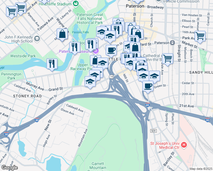 map of restaurants, bars, coffee shops, grocery stores, and more near 44 Morris Street in Paterson