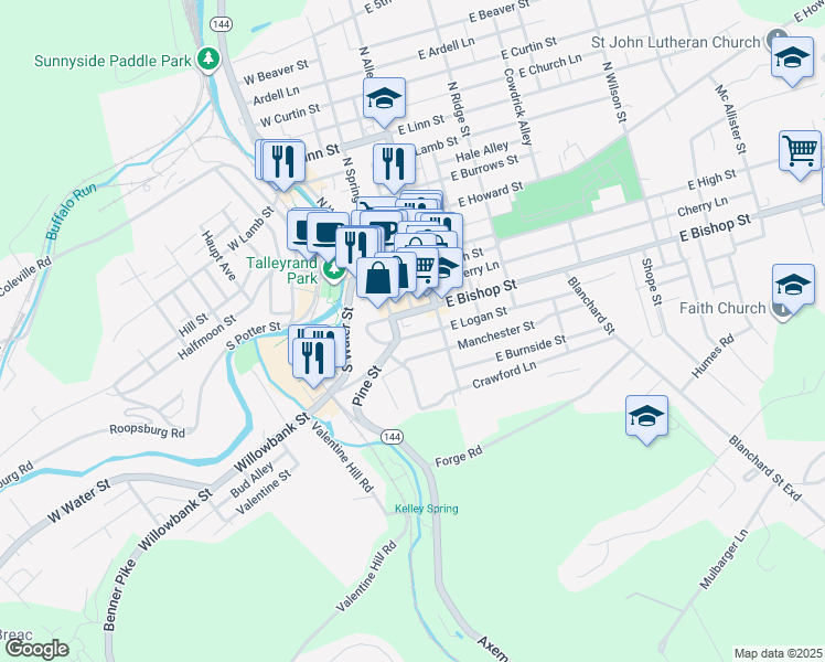 map of restaurants, bars, coffee shops, grocery stores, and more near 126 West Manchester Lane in Bellefonte