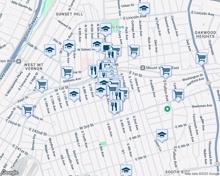 map of restaurants, bars, coffee shops, grocery stores, and more near 67 South 4th Avenue in Mount Vernon
