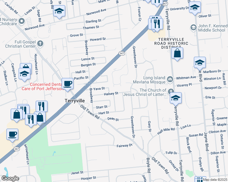 map of restaurants, bars, coffee shops, grocery stores, and more near 46 Halsey Street in Port Jefferson Station