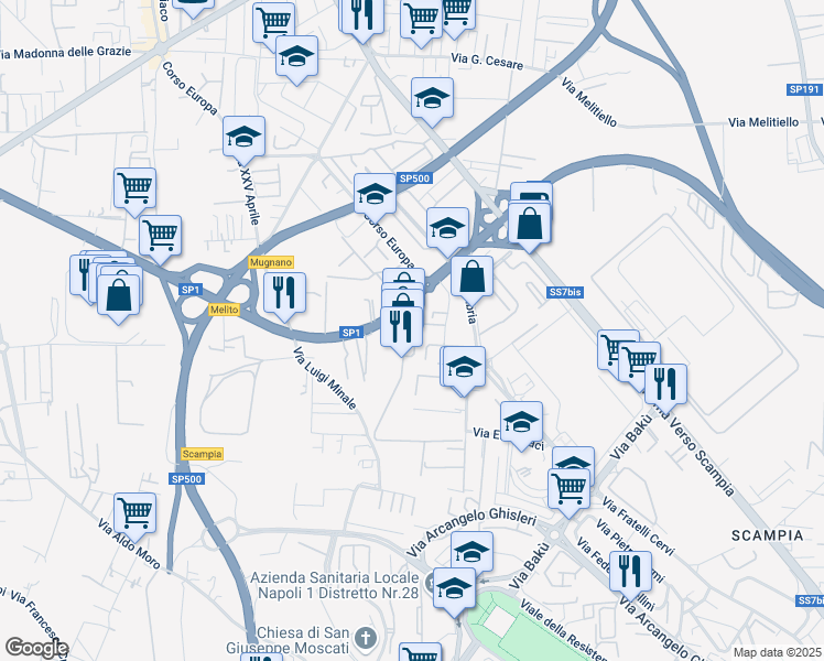 map of restaurants, bars, coffee shops, grocery stores, and more near 11 Via Campania in Melito di Napoli