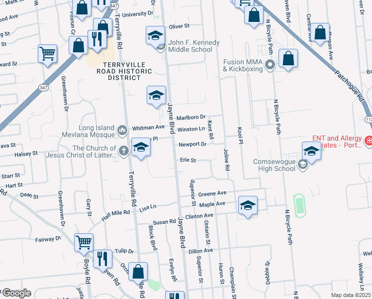map of restaurants, bars, coffee shops, grocery stores, and more near 6 Newport Drive in Port Jefferson Station