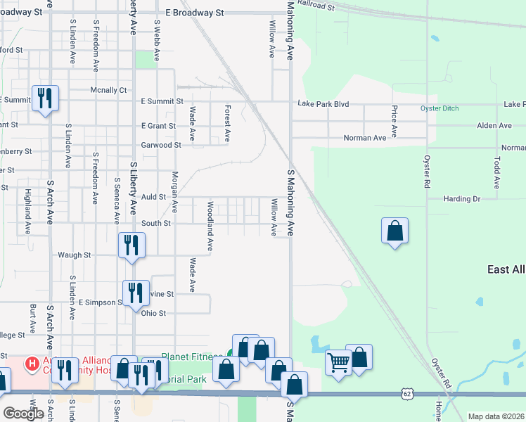 map of restaurants, bars, coffee shops, grocery stores, and more near 1306 South Street in Alliance
