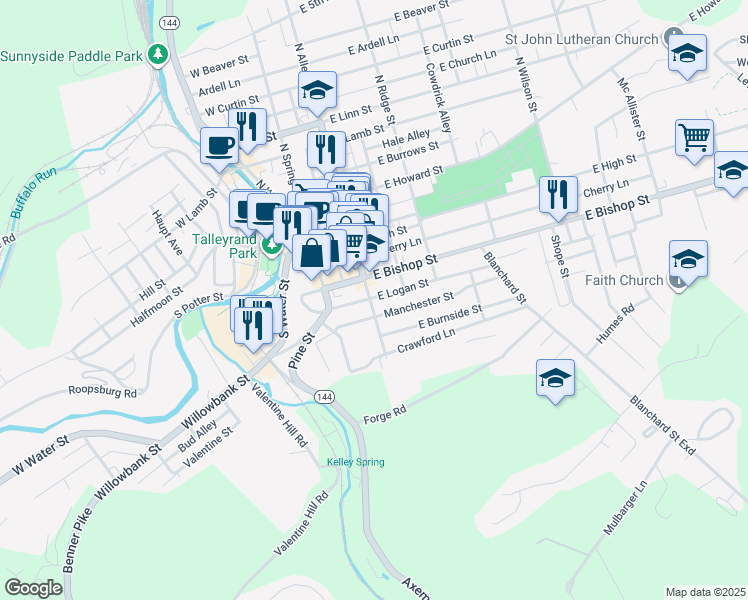 map of restaurants, bars, coffee shops, grocery stores, and more near 324 South Allegheny Street in Bellefonte