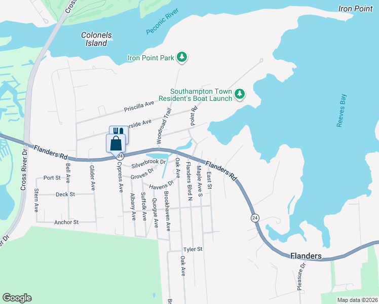 map of restaurants, bars, coffee shops, grocery stores, and more near 873 Flanders Road in Flanders