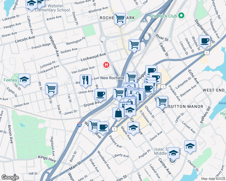 map of restaurants, bars, coffee shops, grocery stores, and more near 9 Odell Place in New Rochelle
