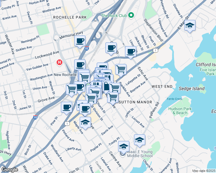 map of restaurants, bars, coffee shops, grocery stores, and more near 456 Main Street in New Rochelle