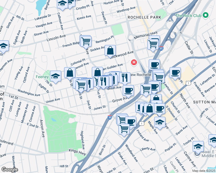 map of restaurants, bars, coffee shops, grocery stores, and more near in New Rochelle