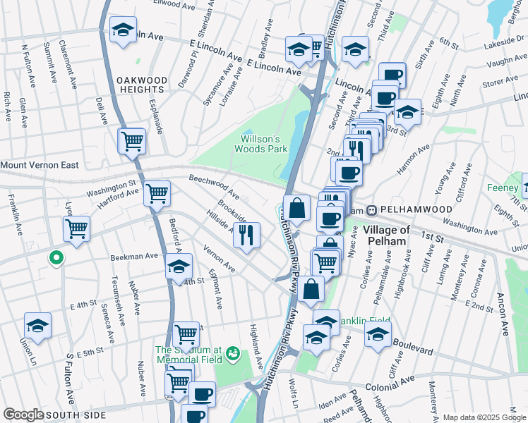 map of restaurants, bars, coffee shops, grocery stores, and more near 22 Farrell Avenue in Mount Vernon