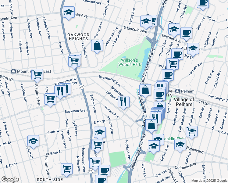 map of restaurants, bars, coffee shops, grocery stores, and more near 138 Hillside Avenue in Mount Vernon
