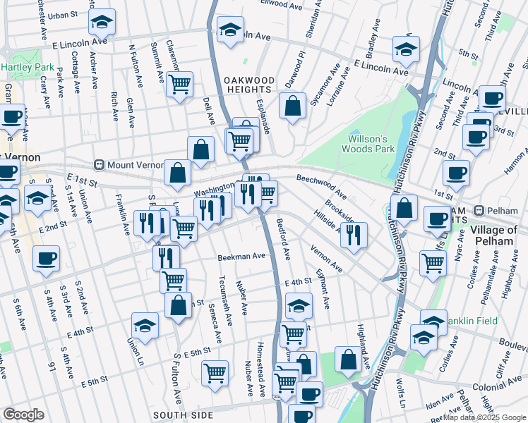 map of restaurants, bars, coffee shops, grocery stores, and more near in Mount Vernon