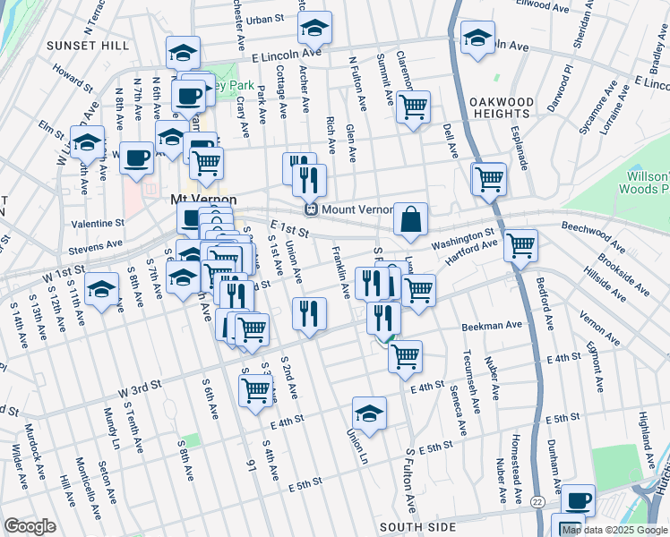 map of restaurants, bars, coffee shops, grocery stores, and more near 15 Adams Street in Mount Vernon