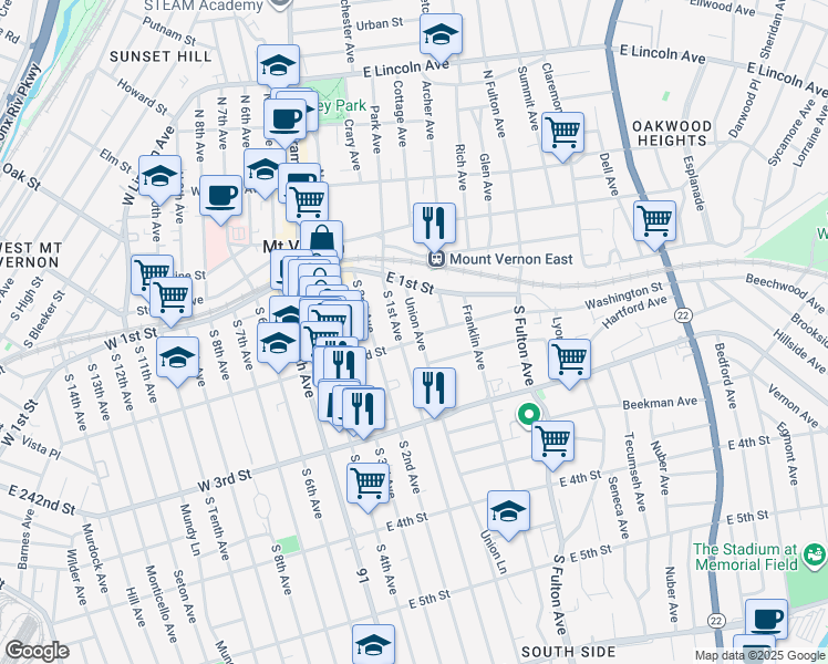 map of restaurants, bars, coffee shops, grocery stores, and more near in Mount Vernon
