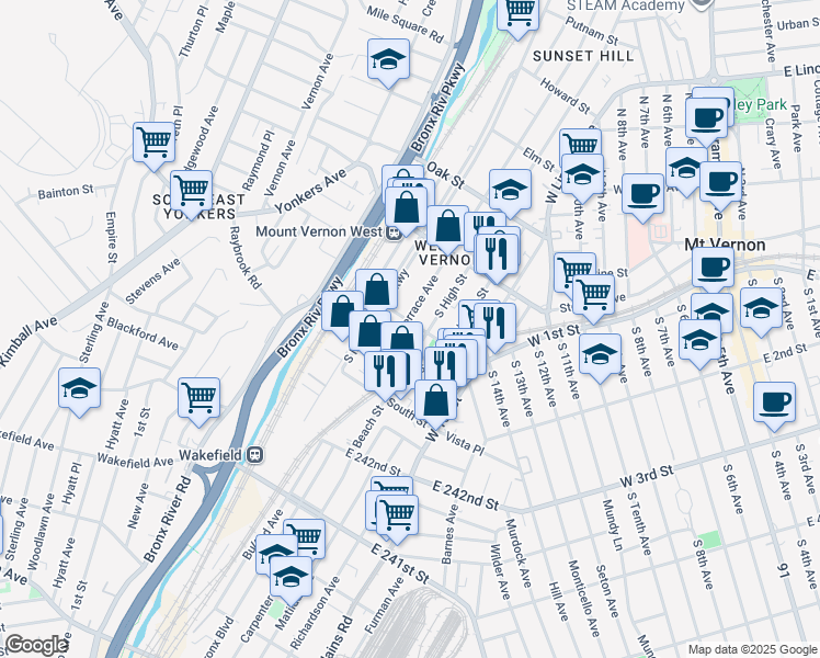 map of restaurants, bars, coffee shops, grocery stores, and more near 118 South High Street in Mount Vernon