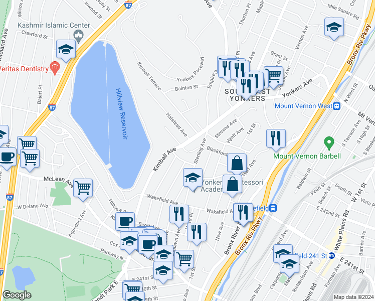 map of restaurants, bars, coffee shops, grocery stores, and more near 29 Churchill Avenue in Yonkers
