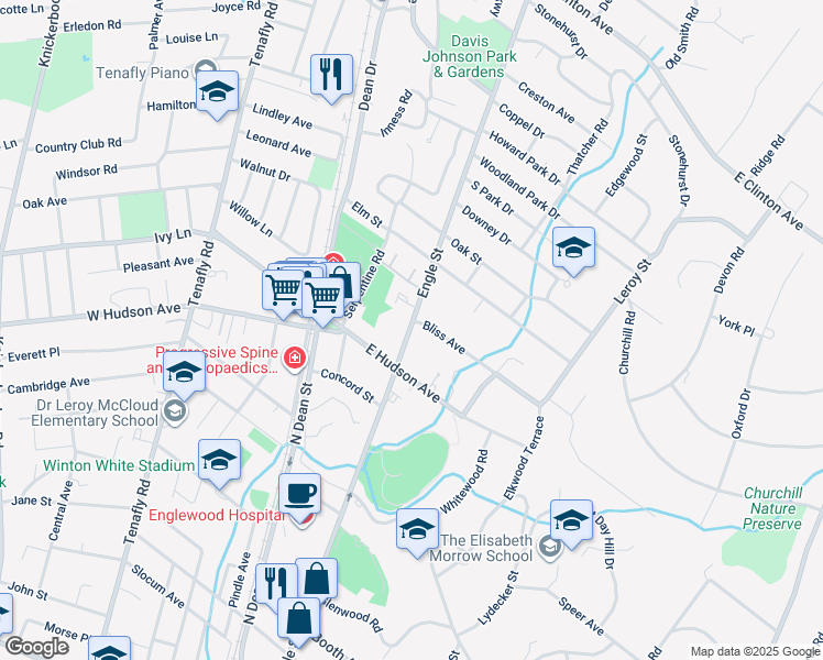 map of restaurants, bars, coffee shops, grocery stores, and more near 61 East Hudson Avenue in Englewood