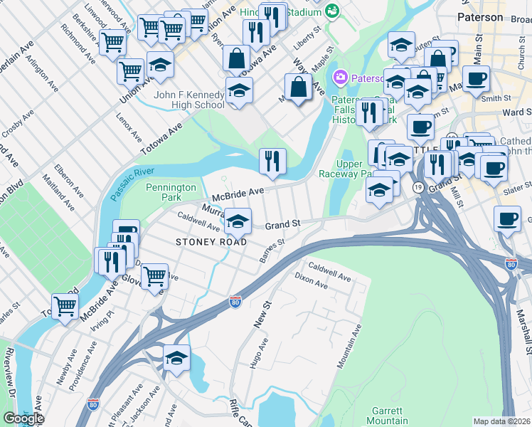 map of restaurants, bars, coffee shops, grocery stores, and more near 66 Grand Street in Paterson