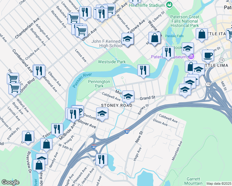 map of restaurants, bars, coffee shops, grocery stores, and more near 114 Caldwell Avenue in Paterson