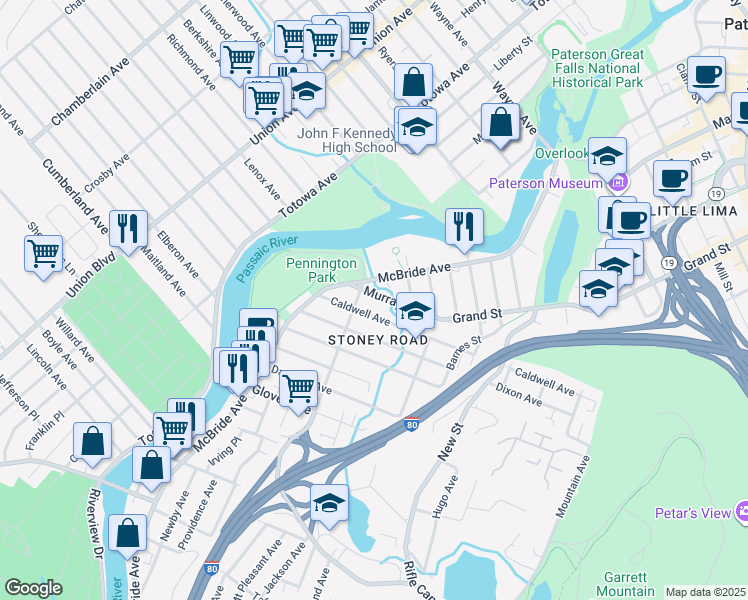 map of restaurants, bars, coffee shops, grocery stores, and more near 114 Caldwell Avenue in Paterson
