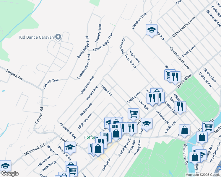 map of restaurants, bars, coffee shops, grocery stores, and more near 125 Hobart Place in Totowa