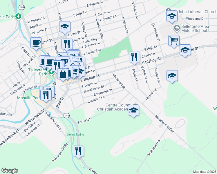 map of restaurants, bars, coffee shops, grocery stores, and more near 100-398 E Burnside St in Bellefonte
