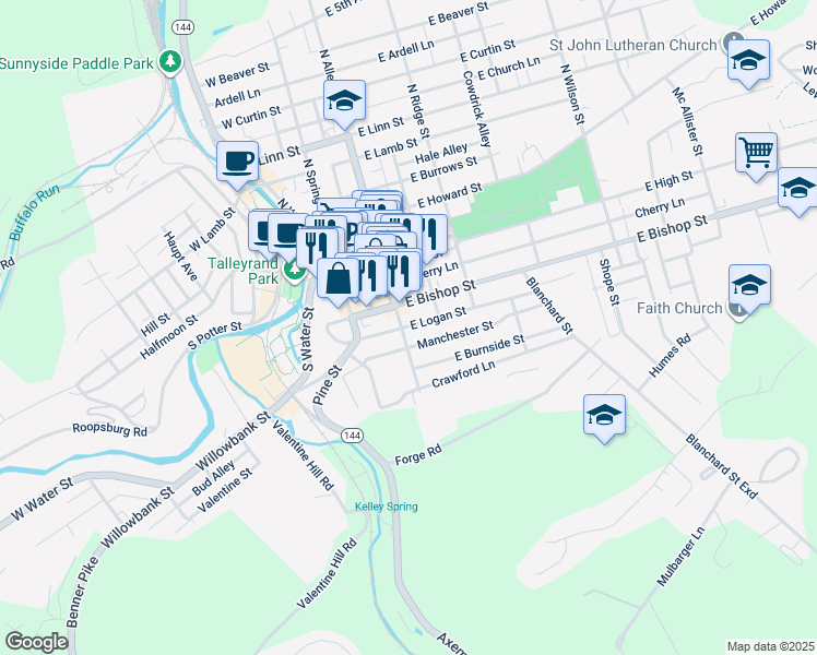 map of restaurants, bars, coffee shops, grocery stores, and more near 324 South Allegheny Street in Bellefonte