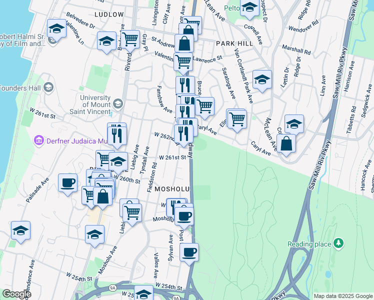 map of restaurants, bars, coffee shops, grocery stores, and more near 240 West 261st Street in Bronx