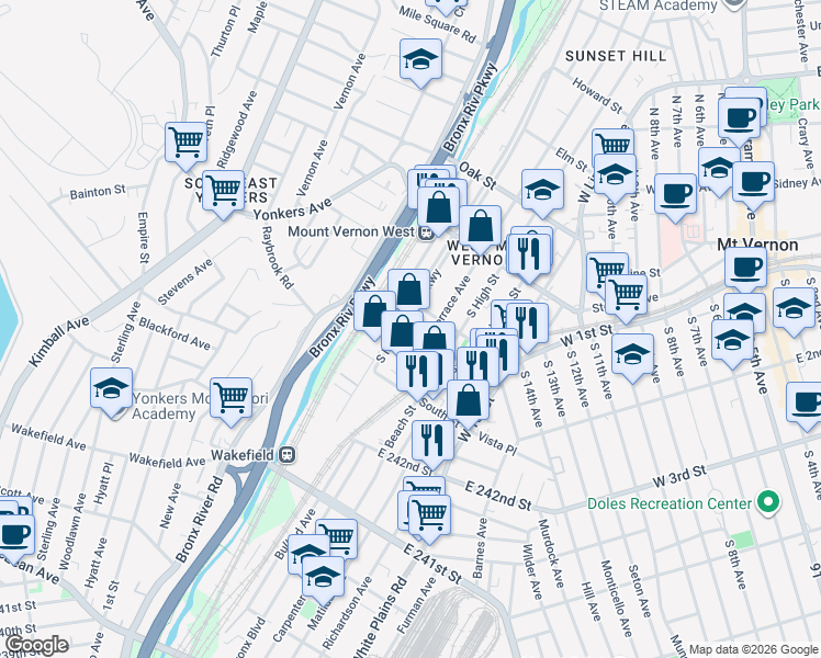 map of restaurants, bars, coffee shops, grocery stores, and more near 115 South Macquesten Parkway in Mount Vernon