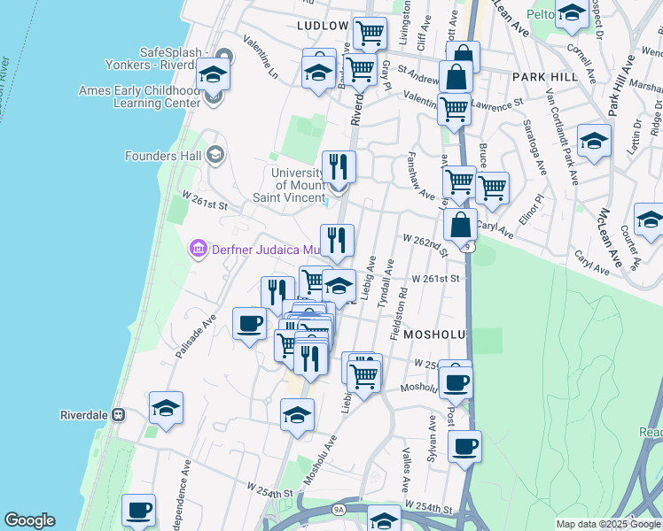 map of restaurants, bars, coffee shops, grocery stores, and more near Riverdale Avenue & West 261st Street in Bronx