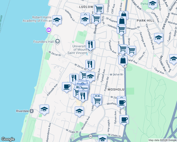 map of restaurants, bars, coffee shops, grocery stores, and more near Riverdale Avenue & West 261st Street in Bronx